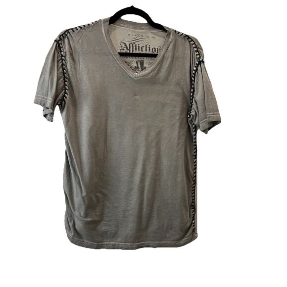 Affliction Gray Thick Stitch Lace Trim Detail V Neck Short Sleeve Top Womens S - Picture 1 of 10